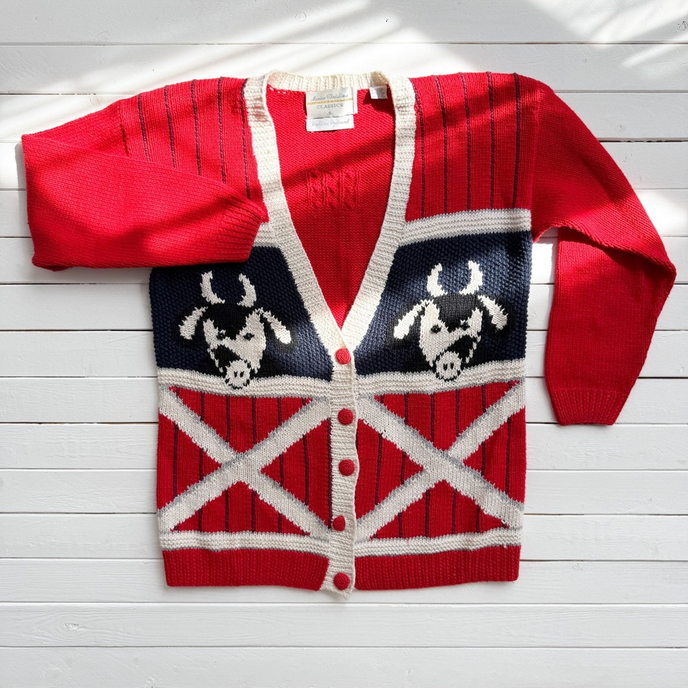 vtg Marisa Christina cow barn hand knit cardigan sweater size S